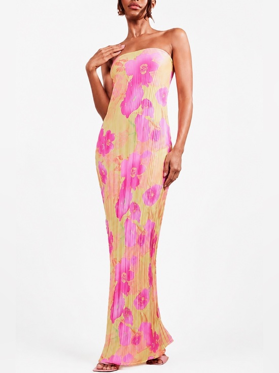KMBANGI Dresses & Skirts - KMBANGI Pink Floral Pleated Strapless Maxi Dress Backless Tie Size S